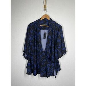 11 Honore Floral Wrap Front Peplum Blouse Top Size 22 Blue Black